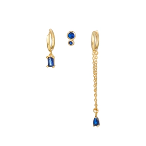 Asymmetric 3-piece earring set in gold with navy blue zircon in rectangle and teardrop shapes