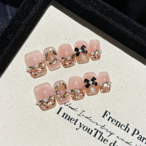Handmade French Style Press On Nails With Bow Knot Artificial Pearls Tweed Pattern For Women Luxury Elegant Nail Art