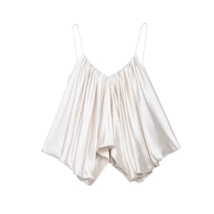 Elegant pearl white satin camisole top with thin straps and ruffled hem design