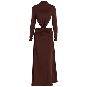 Detail of waist cut-out design and gathered pleats on brown backless bodycon dress