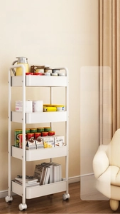 Detailed view of 4-tier mobile storage trolley with hollow baskets and swivel wheels