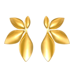Minimalist gold leaf earrings in stainless steel with a polished finish on white background