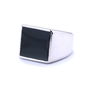 Minimalist silver stainless steel ring featuring a square black mirror face for men