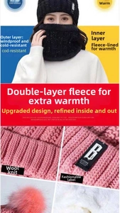 Macro detail of thick knitted winter hat showing the soft fleece lining and knit texture