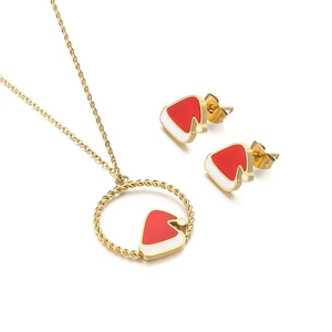Christmas hat jewelry set with gold necklace and stud earrings in red and white enamel