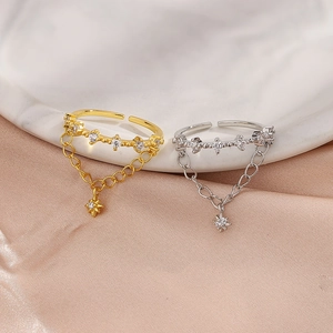 Double-layer star chain open ring with zircon stones in gold and silver finishes