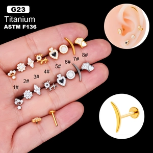 G23 Titanium Labret Stud Internally Threaded Zircon Cartilage Earring Piercing Jewelry Flower Moon Heart Flat Back