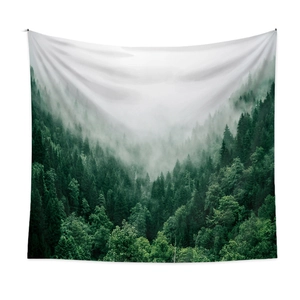 Bohemian forest wall tapestry featuring misty pine woods for home wall decoration