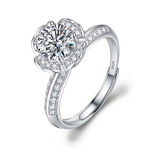 Macro shot of S925 sterling silver ring featuring a floral halo moissanite setting