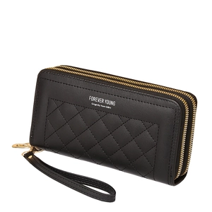Women's black quilted PU leather long wallet with double zippers and wristlet strap
