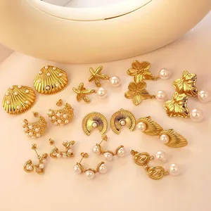 Vintage Gold Plated Stainless Steel Artificial Pearl Earrings For Women French Style Shell Flower Leaf Star Jewelry Elegant