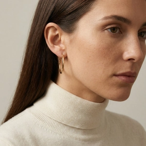 Close-up of elegant gold hoop earrings worn by a model with a minimalist style