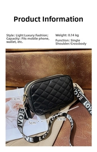 Detail showing black quilted camera bag dimensions 19x13x5cm and LOVE strap texture
