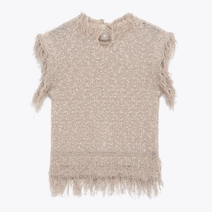 Chic beige sleeveless knitted top with tassel details and open back design
