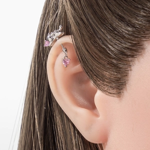Silver cat ear cartilage stud featuring pink heart zircon stones and pendant