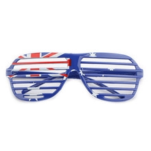 Close-up of blue shutter shades sunglasses featuring Australian flag print for parties