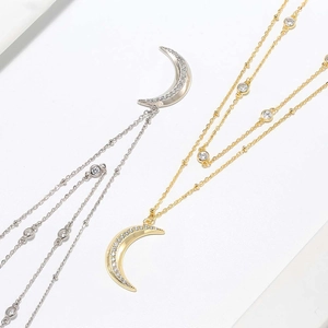 S925 sterling silver crescent moon pendant necklace with cubic zirconia in gold and silver