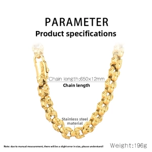 Detail view of chunky gold punk skull necklace with 650x12mm stainless steel specs