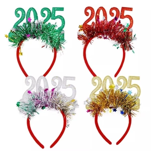 Glittery 2025 New Year party headbands set in red, gold, silver and green colors