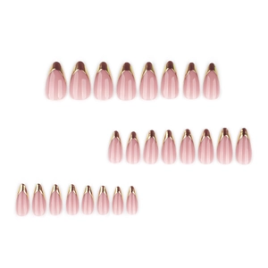 Almond-shaped French nude pink press-on nails with shiny gold tips, 24 pieces set