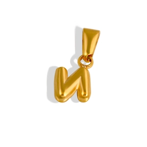 Close-up of 18K gold plated bubble letter N pendant with glossy metallic finish