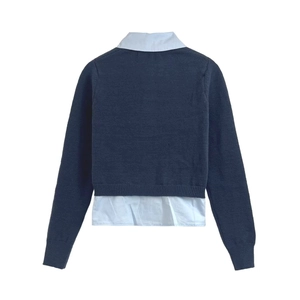 Cardigan en tricot bleu marine deux-en-un pour femme 2025 avec col de chemise blanc