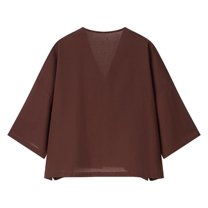 Ensemble femme en coton et lin marron foncé avec haut à col en V et pantalon long