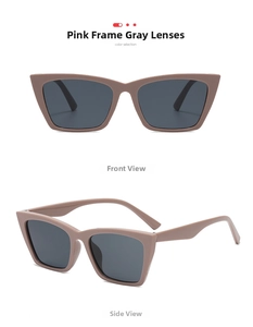 Front and side view of cat eye sunglasses with beige frames and dark grey lenses