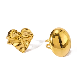 18K gold plated stainless steel heart and oval rings with textured hammered finish