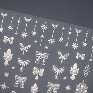 5D silver metallic nail art stickers with baroque pearls and y2k star bow designs