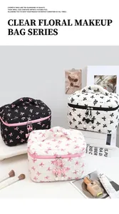 Detail of floral quilted makeup bags with bow prints and pearl charm zipper sliders