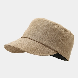Side view of camel cotton linen cadet cap showing textured weave and stiff curved brim