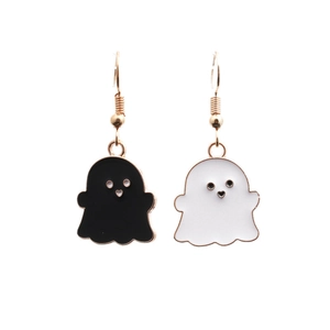Halloween ghost earrings set in black and white alloy with gold hooks and enamel finish
