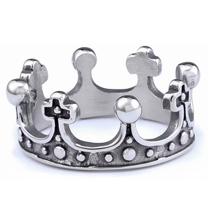 Vintage silver crown ring for men featuring gothic cross relief in stainless steel