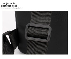 Macro shot of adjustable nylon shoulder strap with durable buckle on men's crossbody bag