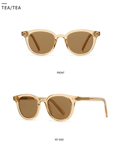 Detailed front and 45-degree side view of modern retro translucent tea-colored sunglasses