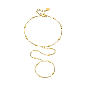 Minimalist gold plated stainless steel hand chain bracelet with elegant thin cylinder beads