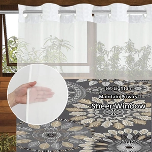 Detail eines transparenten weißen Blumen-Duschvorhangs mit Metallösen und Lichtdurchlässigkeit