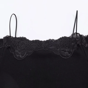 Detailed view of the black ribbed fabric texture and delicate lace trim on the shoulder strap