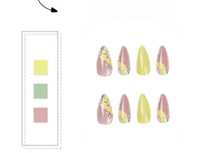 Detailed view of yellow floral patterns on almond-shaped press-on nails in colorful sets