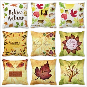 Detailed view of nine autumn peach skin pillow covers with maple leaf and mushroom designs