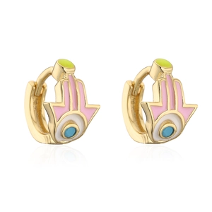 Detailed shot of Hamsa hand hoop earrings with pink and blue enamel in gold-plated finish