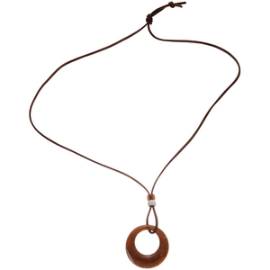 Retro amber resin circle pendant necklace with adjustable brown cord and ethnic style