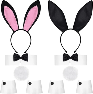 Detail of bunny costume sets with ears headband, bow tie collar, fluffy tail and cuffs