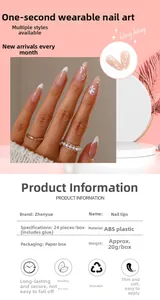 Detail of French white tip press-on nails with daisy print and 24-piece kit packaging
