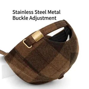 Brown plaid baseball cap featuring a premium stainless steel buckle and wool texture