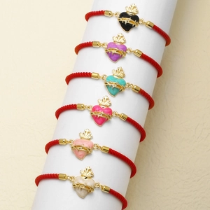 Bracciale Con Ciondolo Sacro Cuore Rame Smalto Zircone Corda Intrecciata Rossa Gioielli Di Moda Regolabili