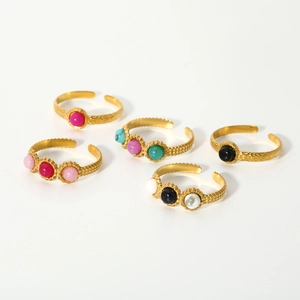 Adjustable stainless steel rings with colorful natural stone beads in various gemstone colors