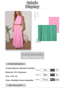 Detail view of pink pleated halter top and skirt fabric composition and size specifications