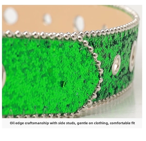 Macro detail of green sequin belt featuring silver beaded edges and metal eyelets